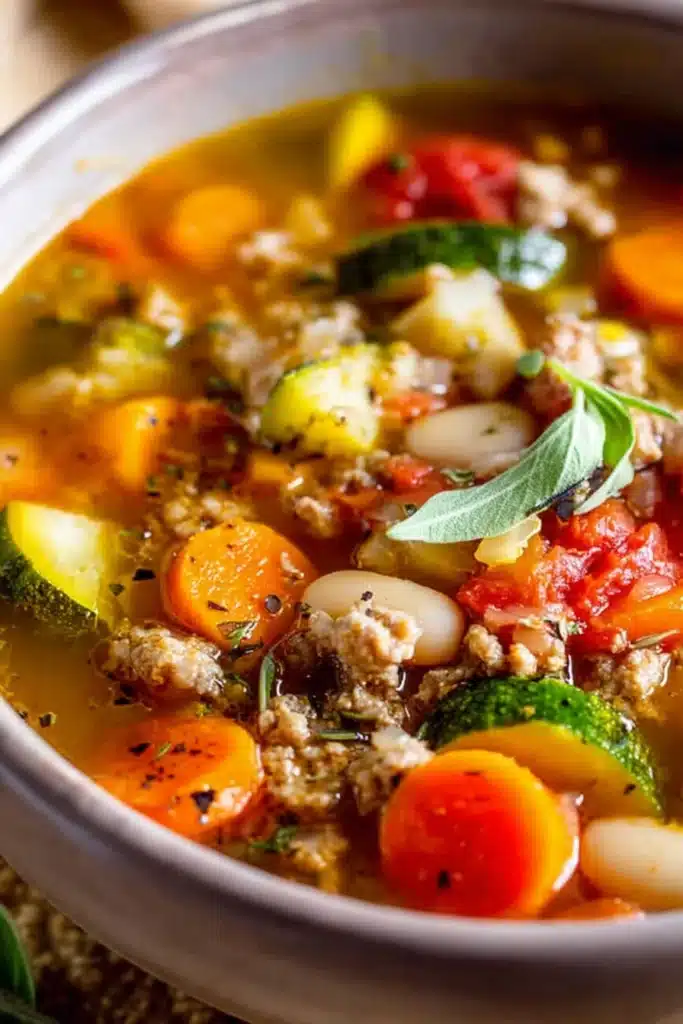 Ground Turkey Vegetable Soup 6 Ground turkey vegetable soup close-up with carrots, zucchini, and tomatoes in broth