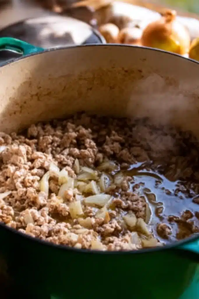 Ground Turkey Vegetable Soup 2 Ground turkey and onions browning in a green Dutch oven