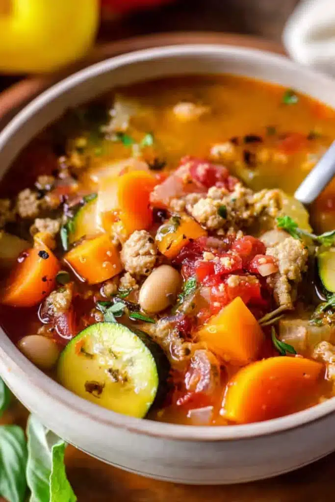 Ground Turkey Vegetable Soup 1 Ground turkey vegetable soup with colorful vegetables and herbs in a rustic bowl