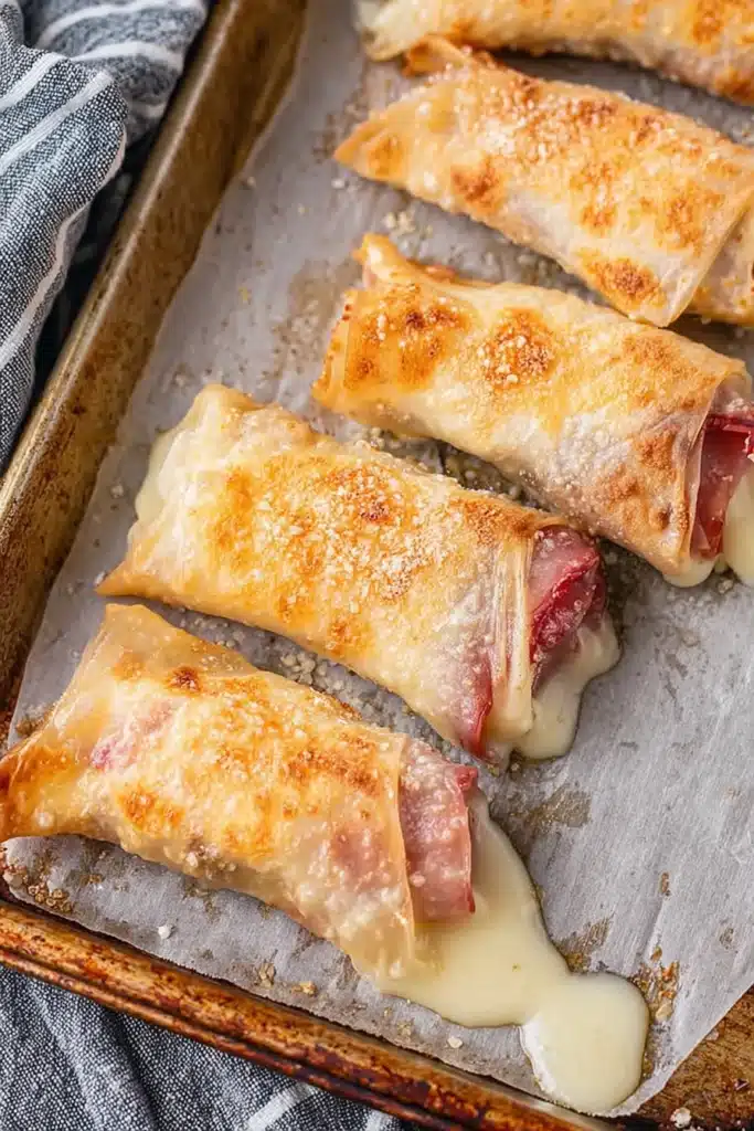 Ham and Mozzarella Cheese Sticks Recipe 3 Golden baked ham and mozzarella cheese sticks on tray