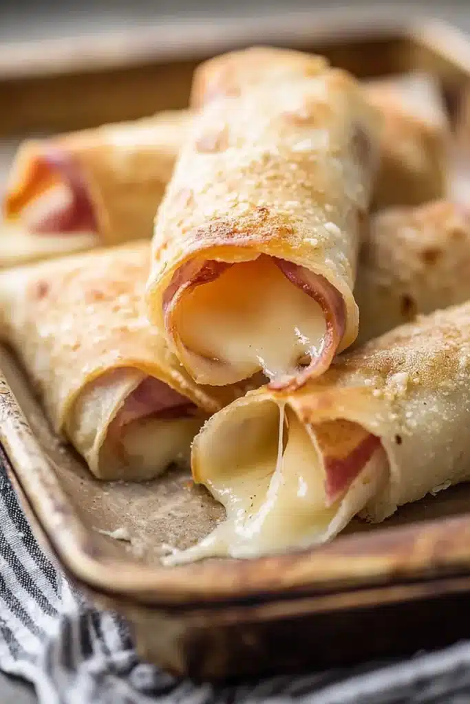 Ham and Mozzarella Cheese Sticks Recipe 1 Crispy baked ham and mozzarella cheese sticks on a tray