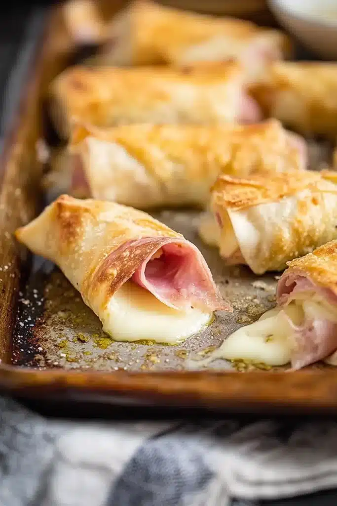 Ham and Mozzarella Cheese Sticks Recipe 2 Close-up of crispy ham and mozzarella cheese sticks with melted cheese
