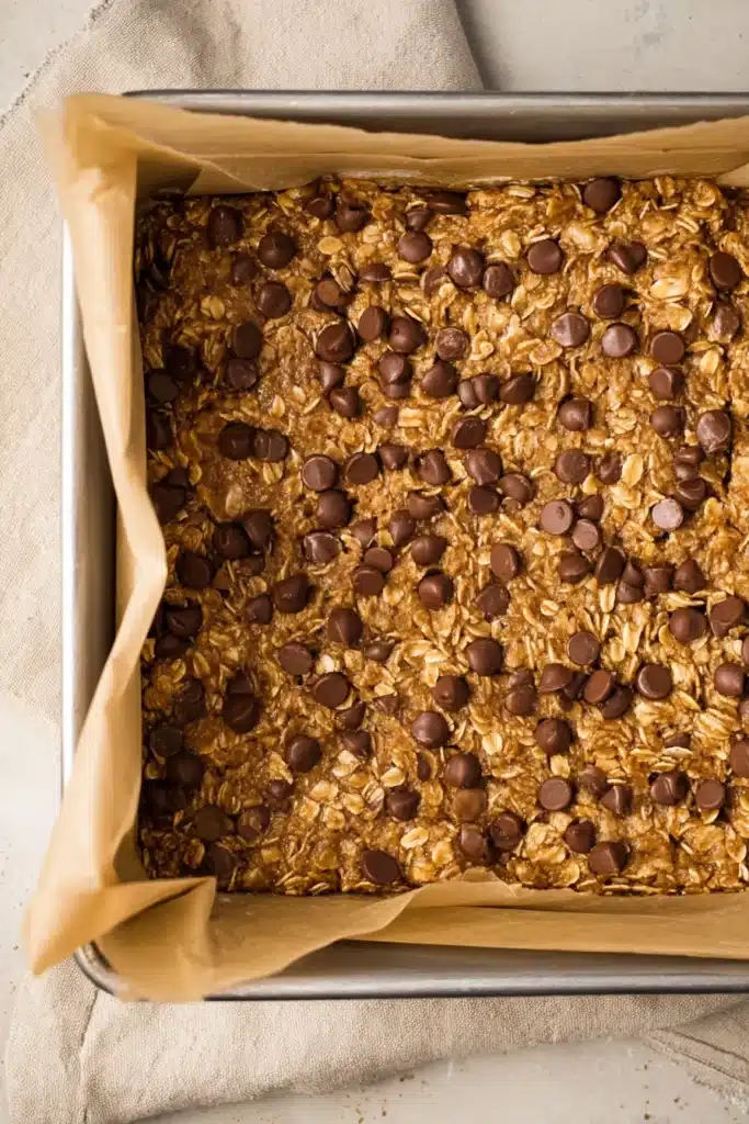 Healthy Banana Oatmeal Bars 3 Banana oatmeal bar batter in a parchment-lined pan topped with chocolate chips