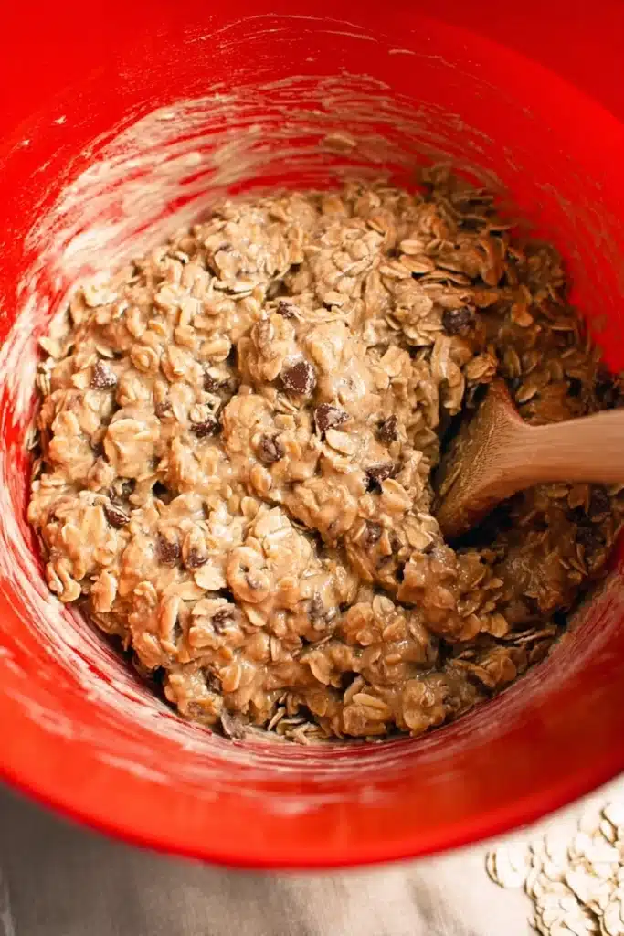 Healthy Banana Oatmeal Bars 2 Banana oatmeal bar batter mixed in a red bowl with oats and chocolate chips