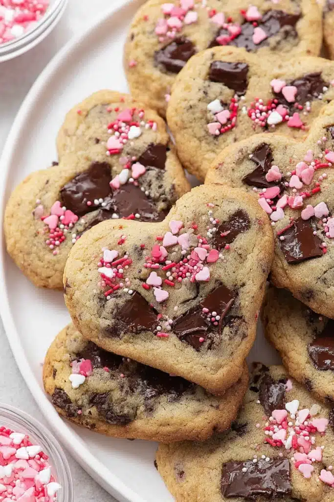 Heart Shaped Chocolate Chip Cookies for Valentine’s Day 1 Heart shaped chocolate chip cookies with pink sprinkles for Valentine’s Day