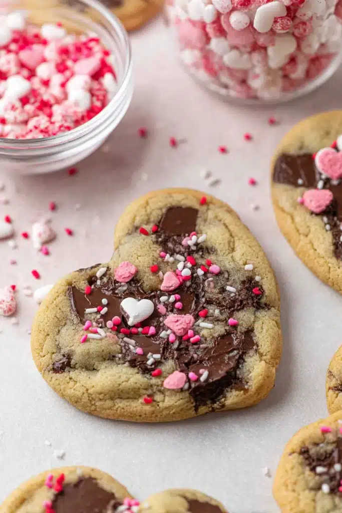 Heart Shaped Chocolate Chip Cookies for Valentine’s Day 3 Heart shaped chocolate chip cookies with melted chocolate and pink sprinkles