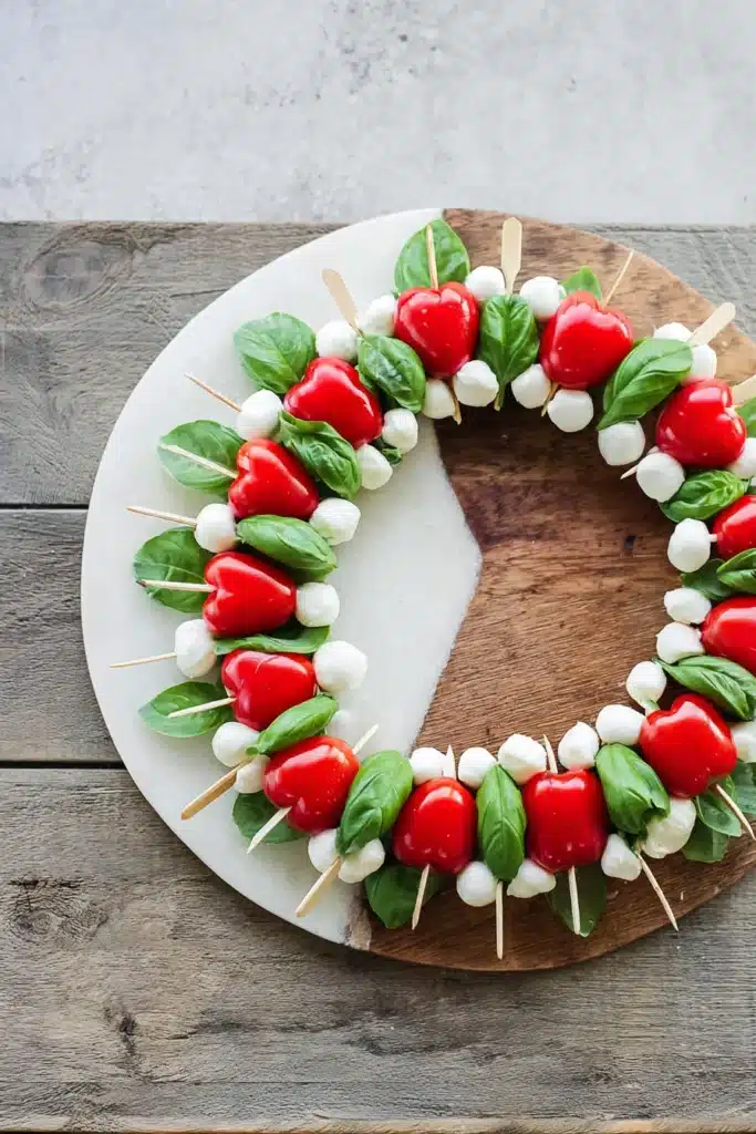 Heart shaped Caprese skewers with tomatoes, mozzarella, and basil on marble and wood board