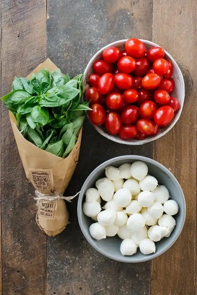 Fresh Caprese ingredients with tomatoes, mozzarella, and basil for heart shaped skewers