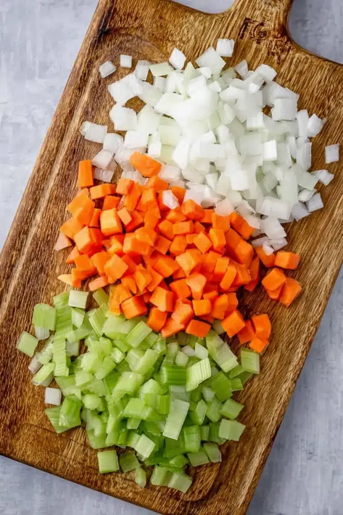Diced carrots, celery, and onions on a wooden cutting board for high protein broccoli cheddar soup