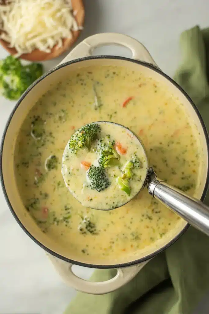 Creamy broccoli cheddar soup in a ladle over a pot with broccoli and carrots