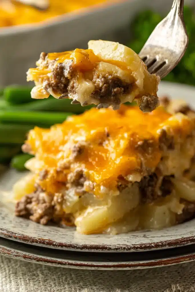 Hobo Casserole 1 Fork holding cheesy Hobo Casserole with ground beef, potatoes, and melted cheese on a rustic plate