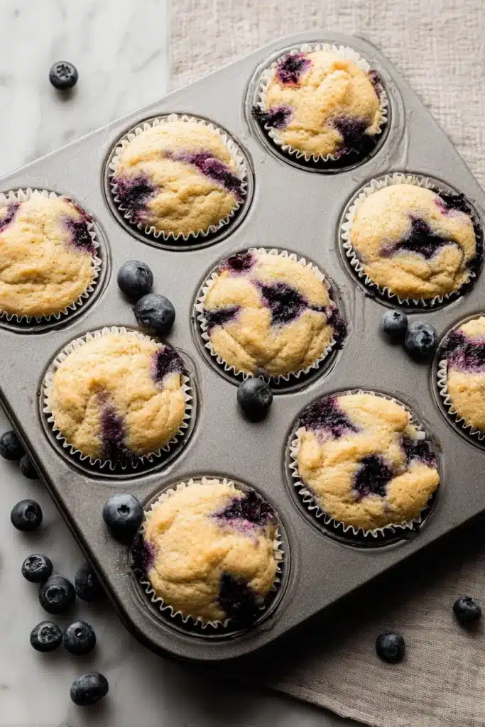 Homemade Blueberry Protein Muffins (Moist, High-Protein, Ready in Under 30 Minutes) 1 Homemade blueberry protein muffins baked in a muffin pan with juicy blueberries and soft golden tops