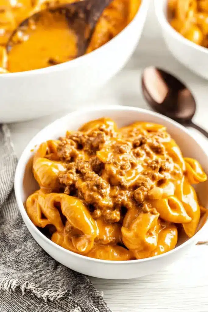 Homemade Hamburger Helper 1 Creamy homemade hamburger helper with cheesy pasta shells and ground beef in a white bowl