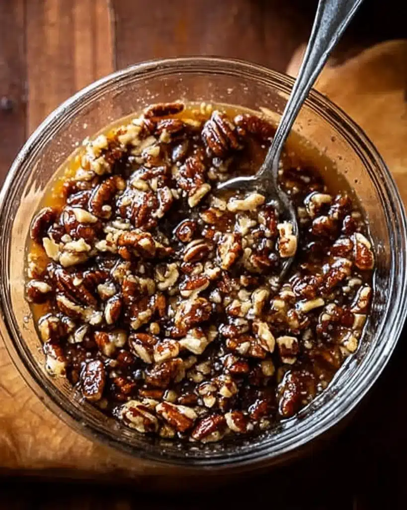 Pecan pie filling with chopped pecans in a glass bowl