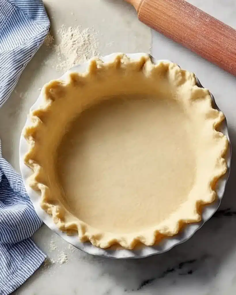 Unbaked homemade pie crust in a white ceramic dish