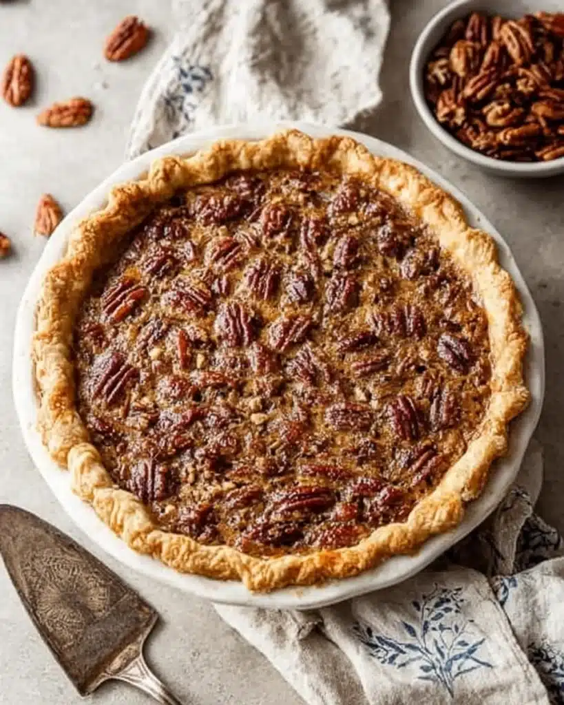 Homemade pecan pie with golden flaky crust and glossy toasted pecans