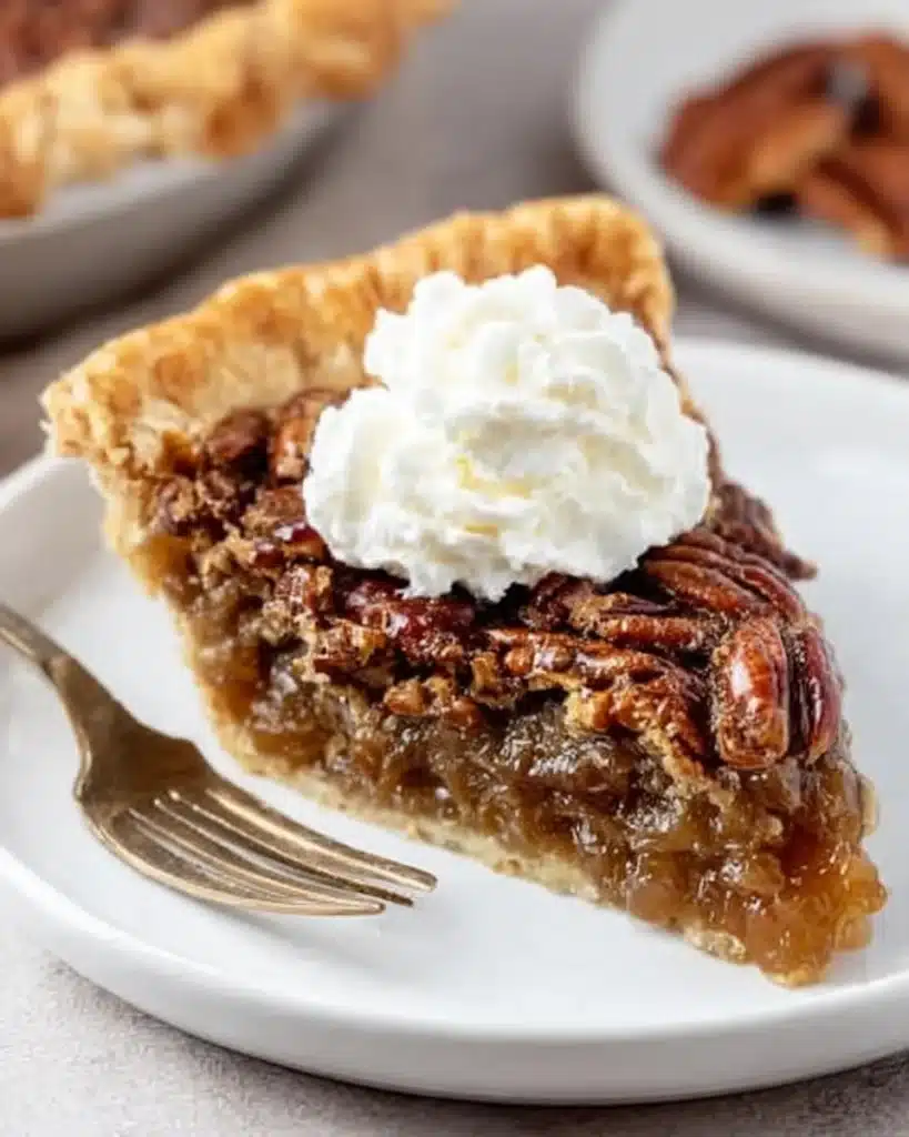Slice of homemade pecan pie with whipped cream topping