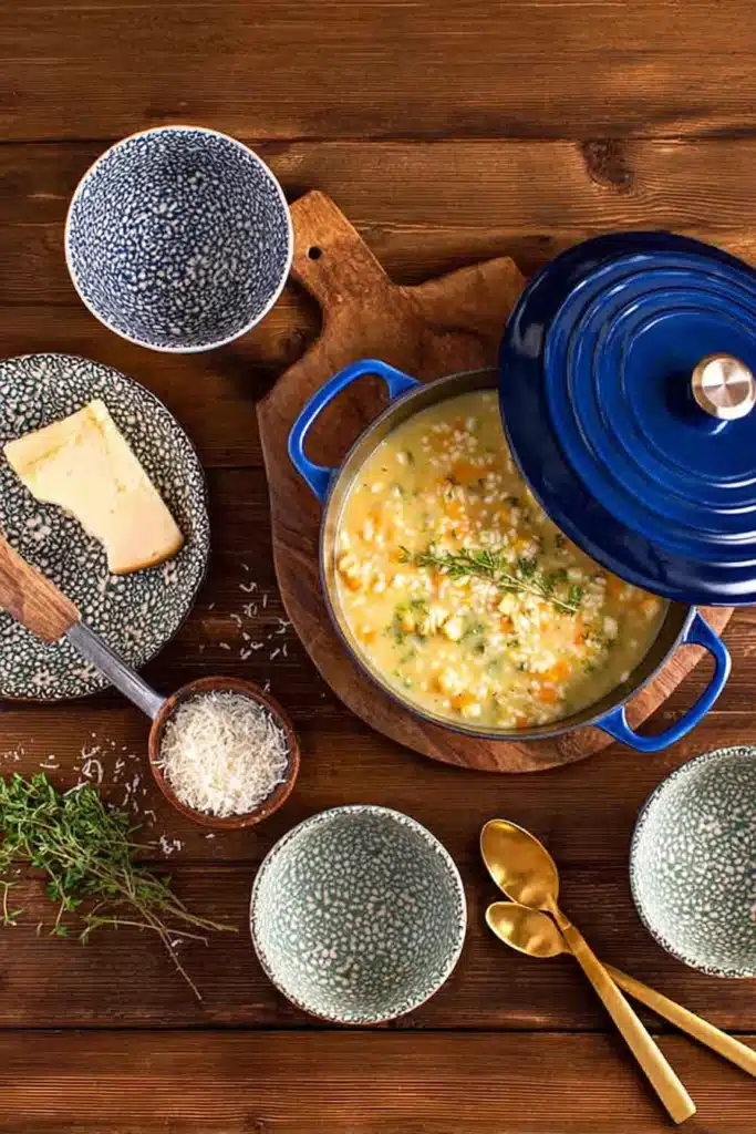 Italian Chicken Pastina Soup (Creamy, Comforting, and Easy to Make) 1 Creamy Italian chicken pastina soup in a blue pot with herbs and cheese on a wooden table