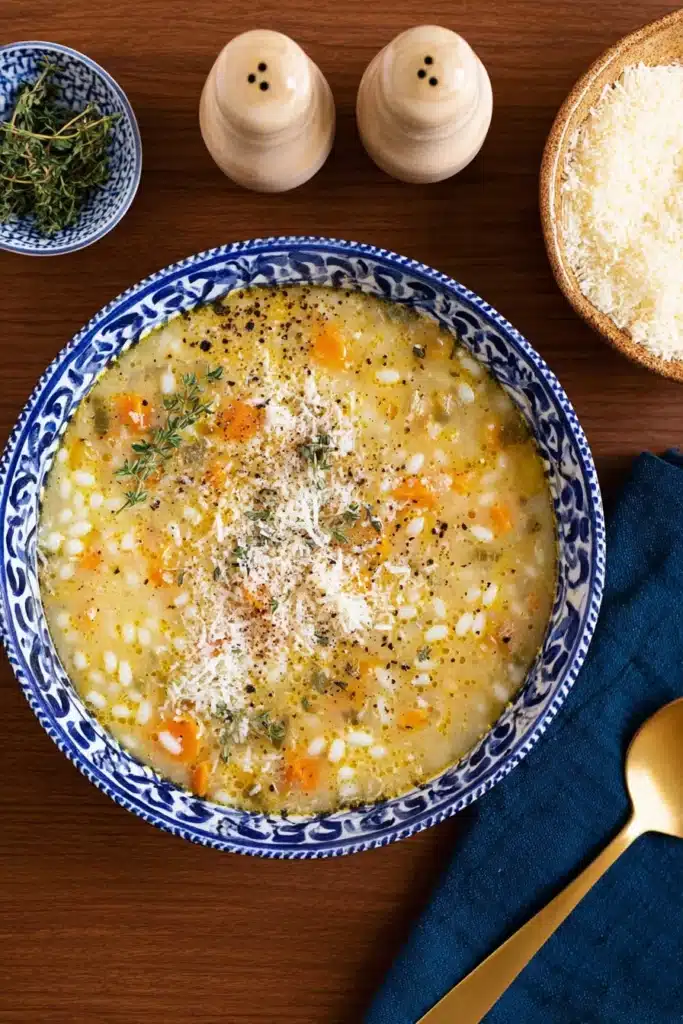 Italian Chicken Pastina Soup (Creamy, Comforting, and Easy to Make) 3 Creamy Italian chicken pastina soup with Parmesan and thyme in patterned bowl