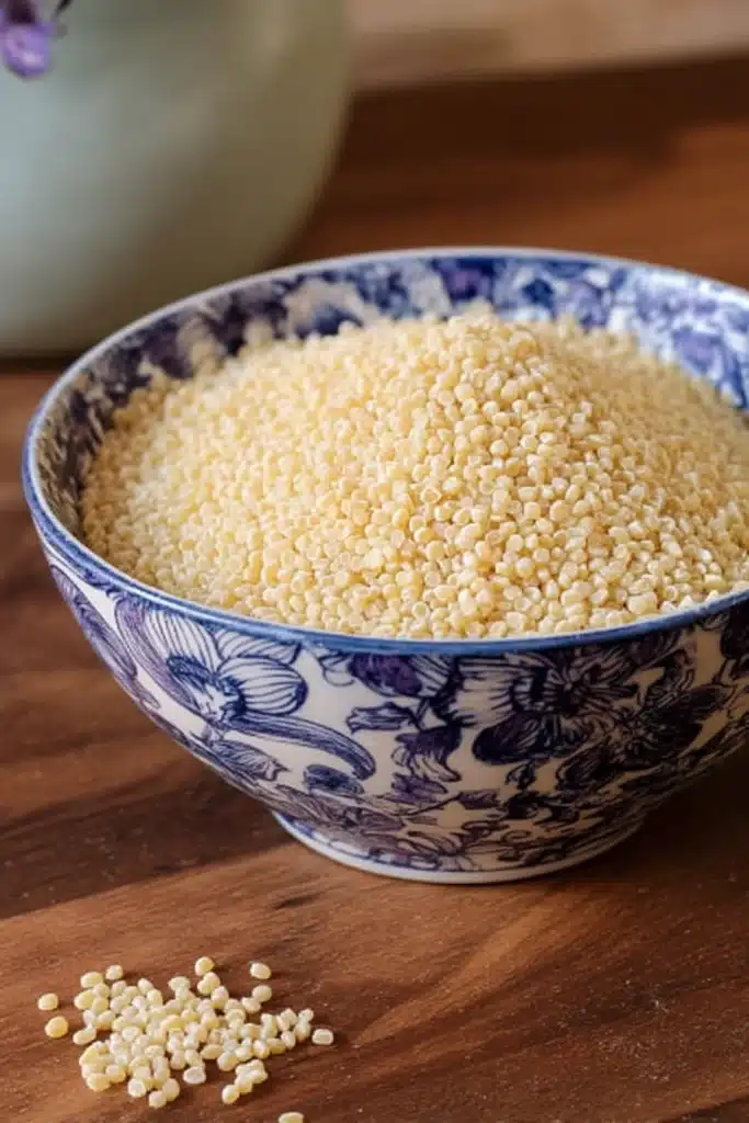 Italian Chicken Pastina Soup (Creamy, Comforting, and Easy to Make) 2 Uncooked Italian Pastina in Blue Patterned Bowl