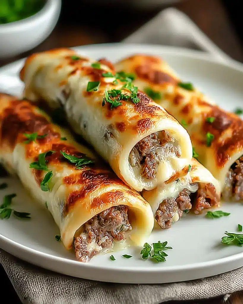 Keto Philly Cheesesteak Roll Ups with melted cheese and beef filling on a white plate