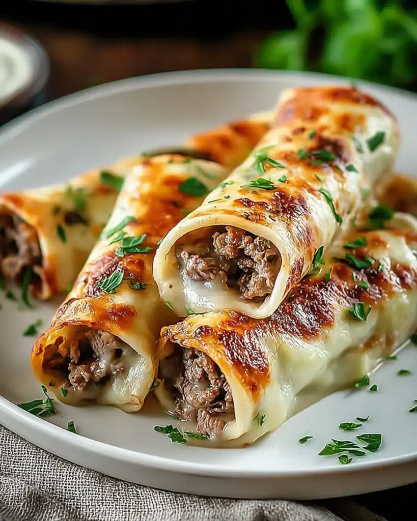 Keto Philly Cheesesteak Roll Ups with melted cheese and beef filling on a white plate