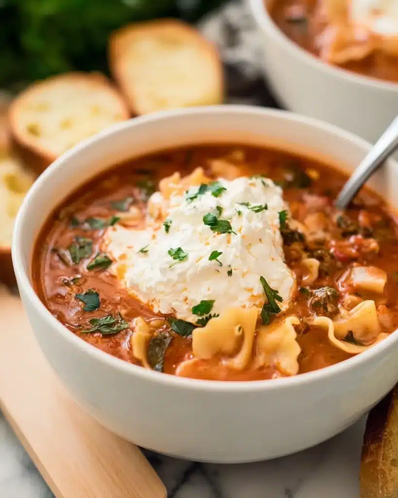 Lasagna soup in white bowl topped with creamy ricotta and parsley