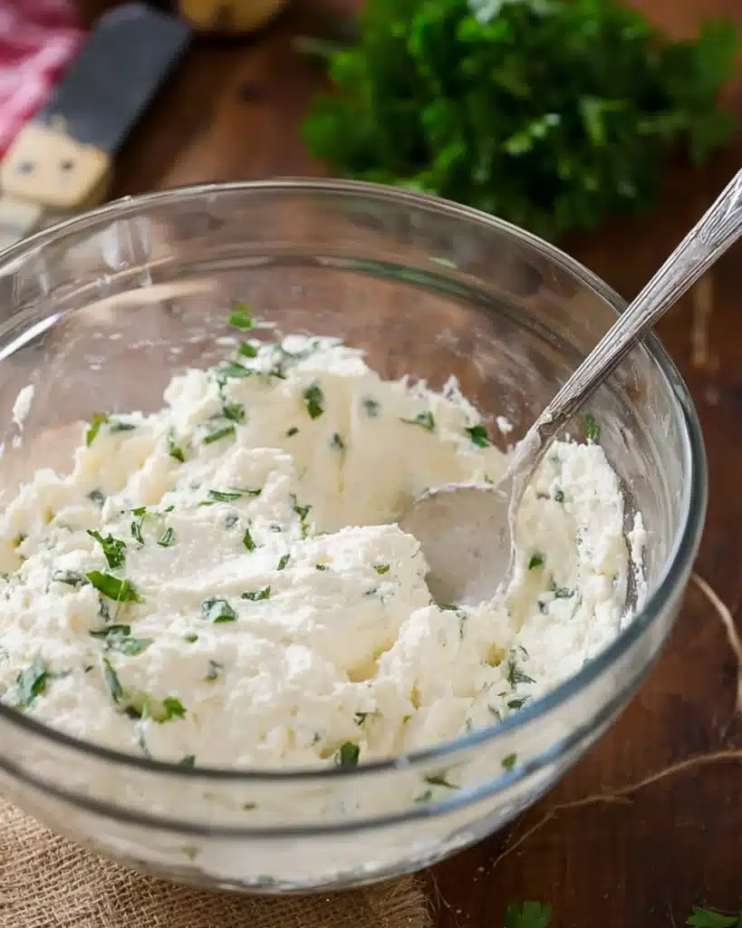 Ricotta cheese mixture in glass bowl for lasagna soup topping