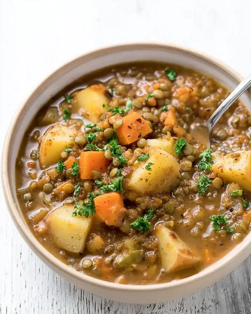 Easy Lentil Potato Soup Recipe 1 Hearty lentil potato soup with carrots and parsley in a beige bowl