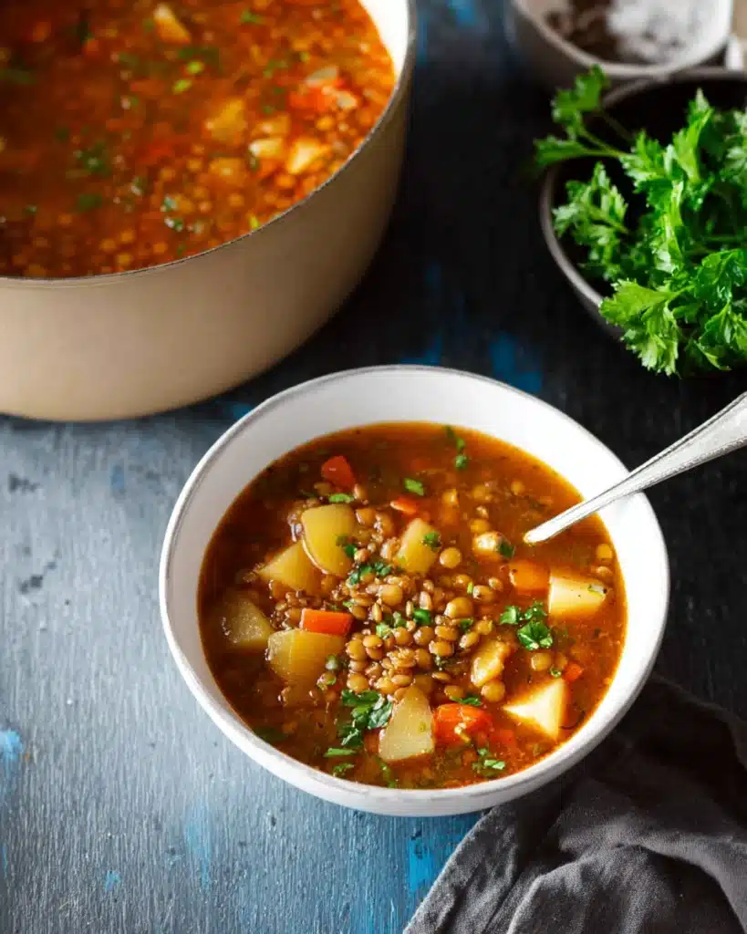 Easy Lentil Potato Soup Recipe 4 Bowl of hearty lentil potato soup with carrots and parsley