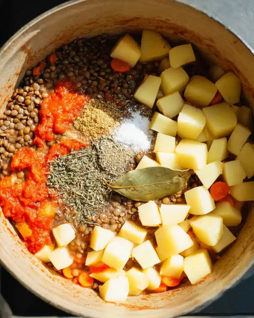 Easy Lentil Potato Soup Recipe 3 Uncooked lentil potato soup ingredients in a pot with carrots and tomato base