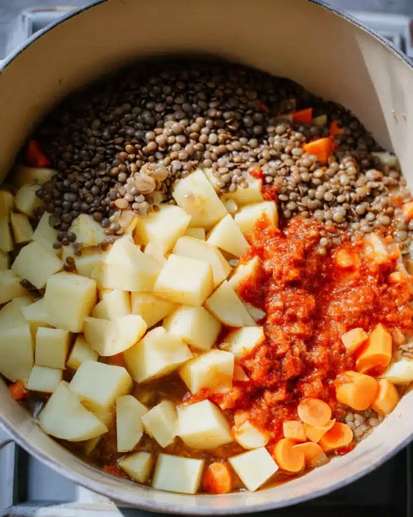 Easy Lentil Potato Soup Recipe 2 Lentil potato soup ingredients with herbs, salt, and bay leaf in pot