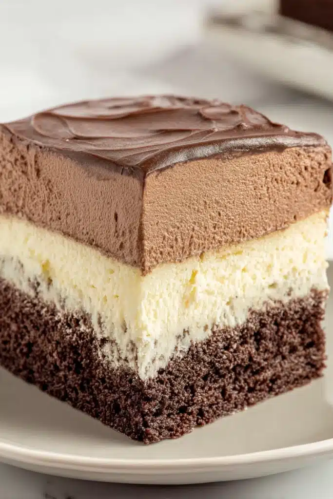 Slice of Italian Love Cake with chocolate layers and creamy ricotta