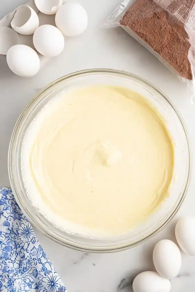 Mixing ricotta cake batter in glass bowl for Love Cake recipe