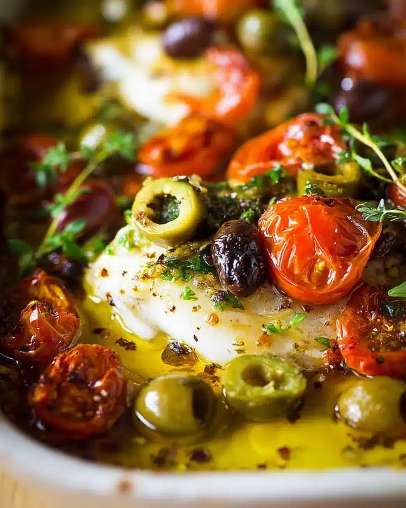 Mediterranean Baked Fish | Easy, Flavorful Dinner Recipe 1 Mediterranean baked fish with tomatoes, olives, jalapeños, and thyme in olive oil