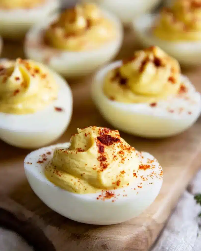 Million Dollar Deviled Eggs 1 Creamy deviled eggs topped with paprika on a wooden board