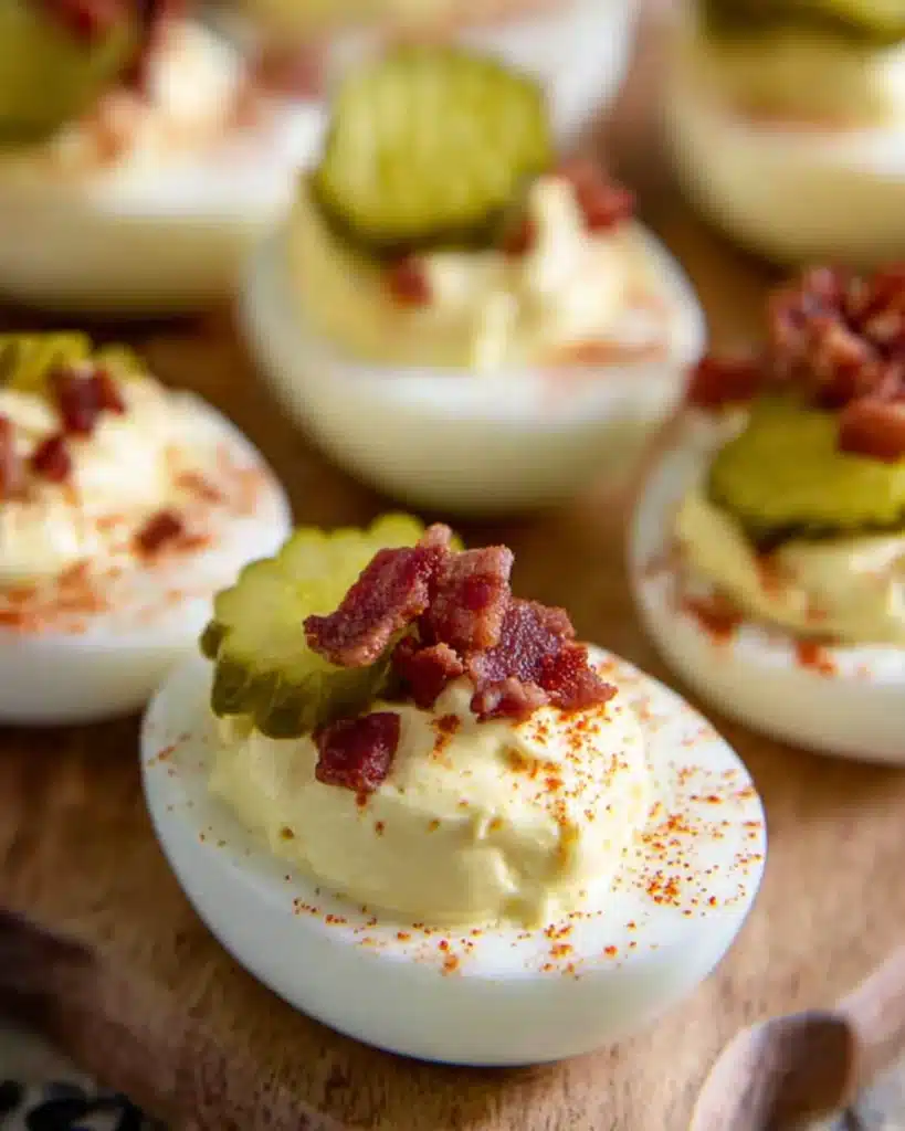 Million Dollar Deviled Eggs 4 Million Dollar Deviled Eggs topped with bacon and pickle slices
