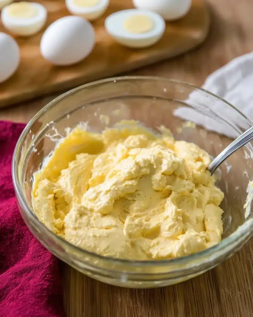 Million Dollar Deviled Eggs 3 Creamy deviled egg filling in a glass bowl ready to pipe
