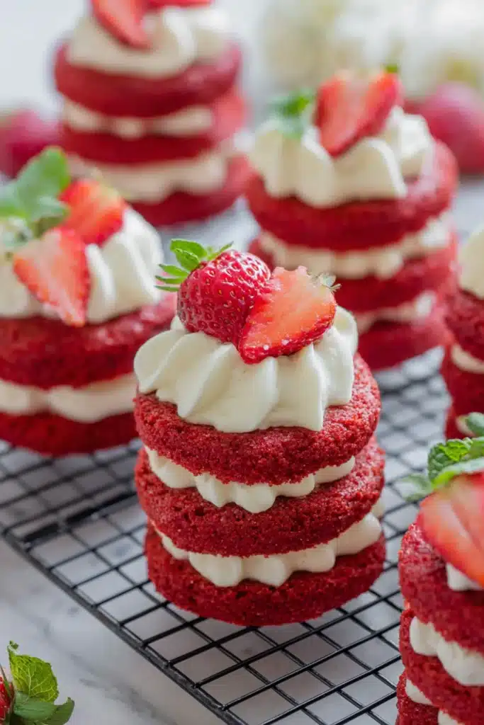 Mini red velvet cakes with cream cheese frosting and fresh strawberries on a cooling rack