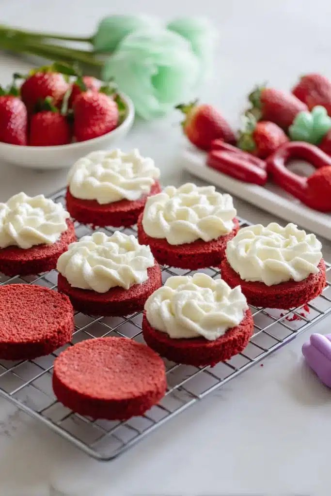 Mini Red Velvet Cakes layers with cream cheese frosting on a cooling rack