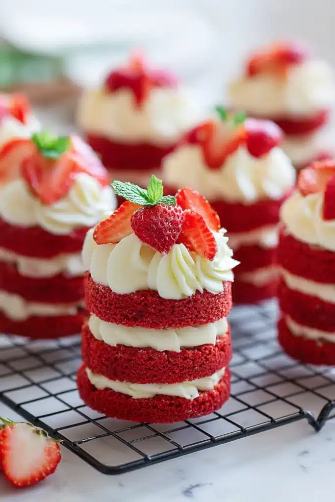 Mini Red Velvet Cakes with cream cheese frosting and strawberry topping