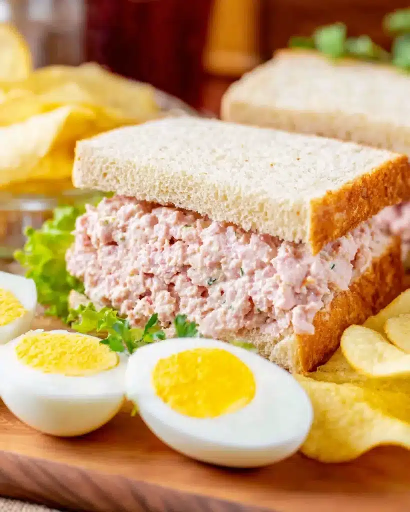 Old-Fashioned Bologna Salad 1 Old-fashioned bologna salad sandwich with boiled eggs and chips on a plate