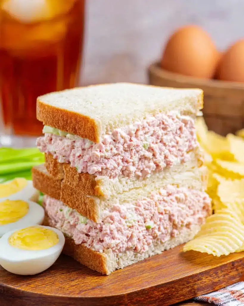 Old-Fashioned Bologna Salad 5 Old-fashioned bologna salad sandwich with chips and boiled eggs on a board