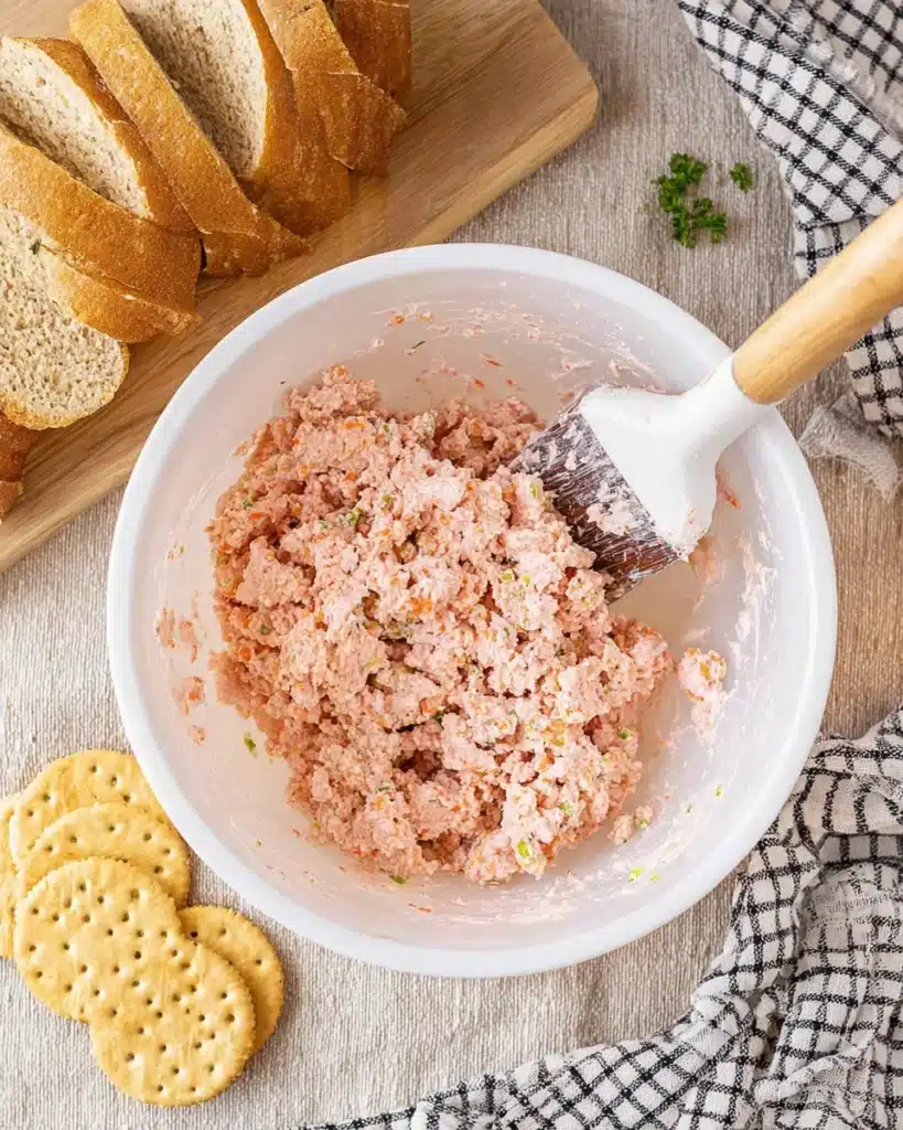 Old-Fashioned Bologna Salad 4 Old-fashioned bologna salad mixture in white bowl with spatula