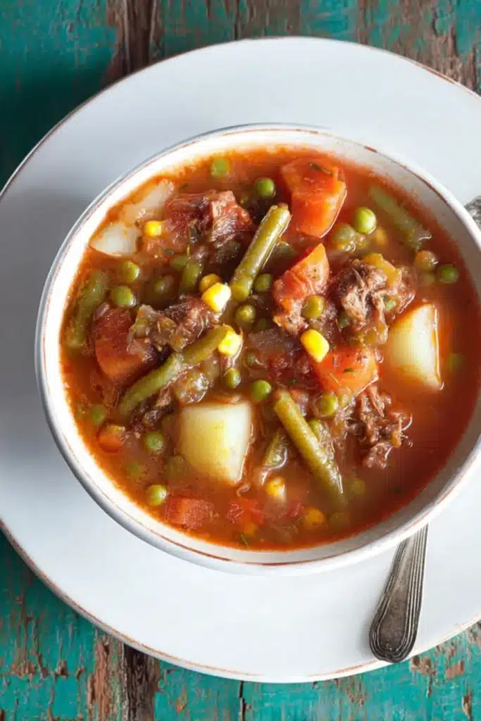 Old-Fashioned Vegetable Beef Soup 1 Old-Fashioned Vegetable Beef Soup with tender beef, potatoes, and colorful vegetables in tomato broth