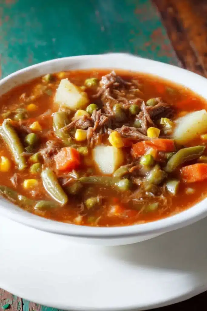 Old-Fashioned Vegetable Beef Soup 2 Old-fashioned vegetable beef soup with tender beef, carrots, and potatoes in rich tomato broth