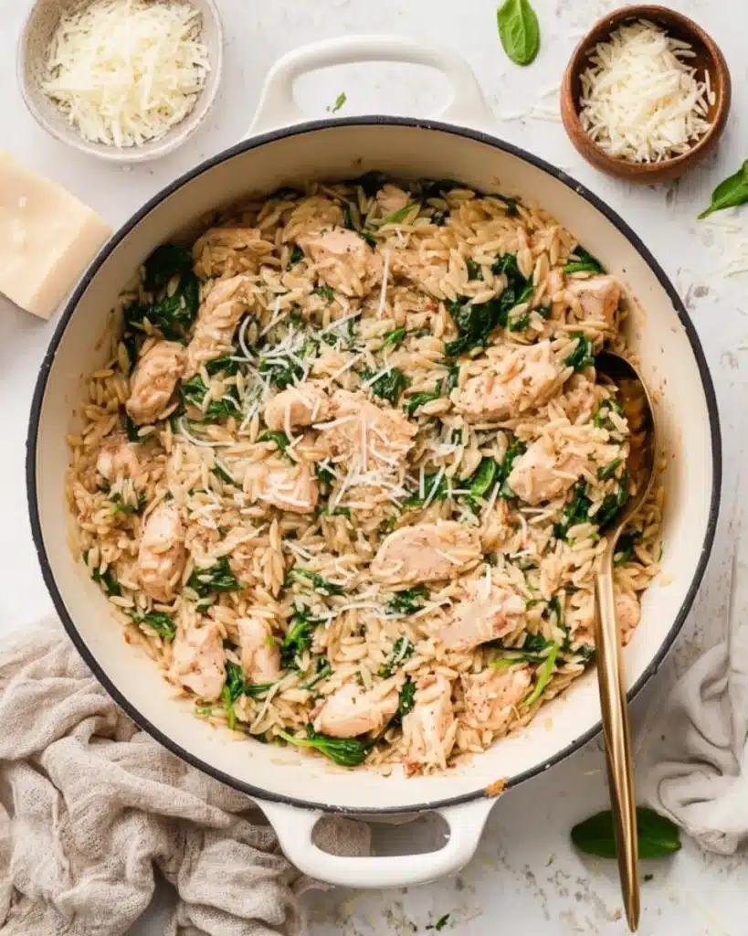 Creamy one pot chicken orzo with spinach in a white pot on kitchen table