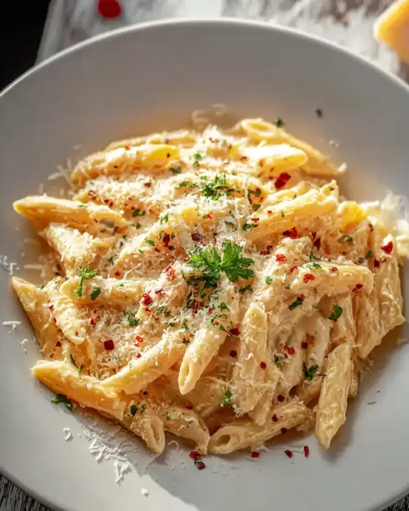 One Pot Creamy Garlic Pasta (Ready in 20 Minutes!) 1 Creamy garlic penne pasta topped with Parmesan and parsley in a white bowl