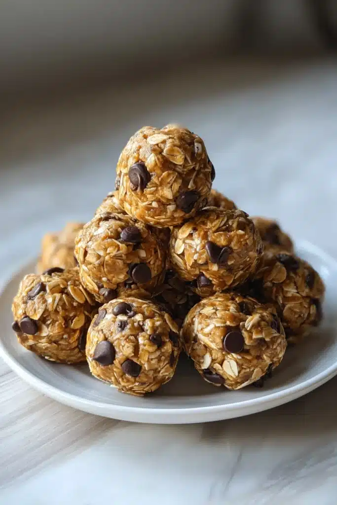 Peanut butter energy bites with oats and chocolate chips on a white plate