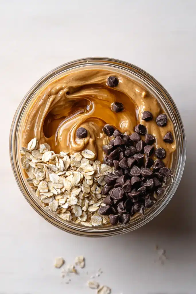 Peanut butter, oats, honey, and chocolate chips in a glass bowl